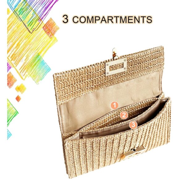 Apricot Summer Straw Clutch Women's Rattan Beach Bag with Snap Closure - Picture 5 of 8
